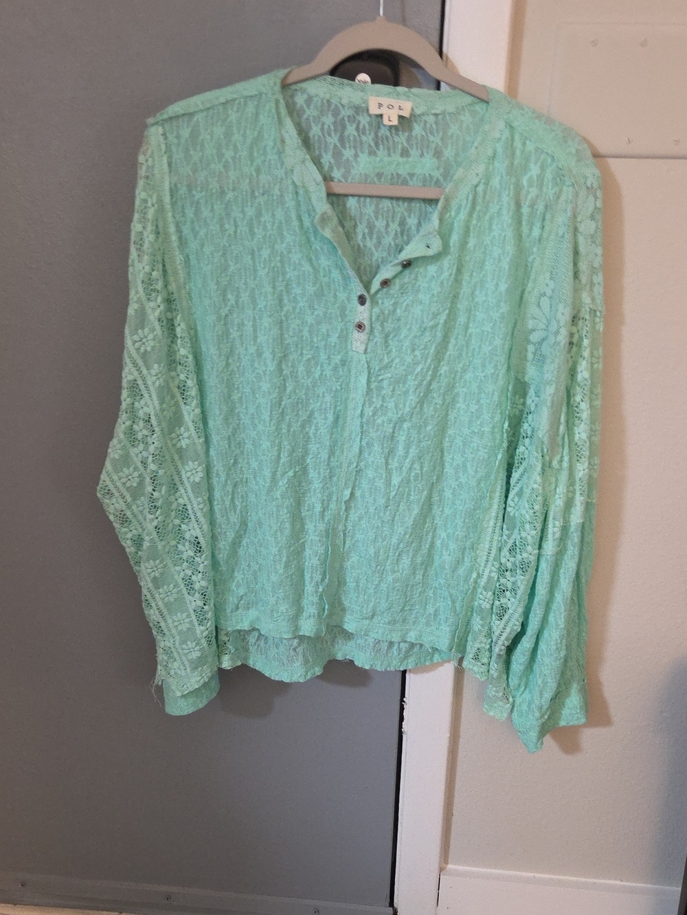 POL Mint Lace Henley Blouse
